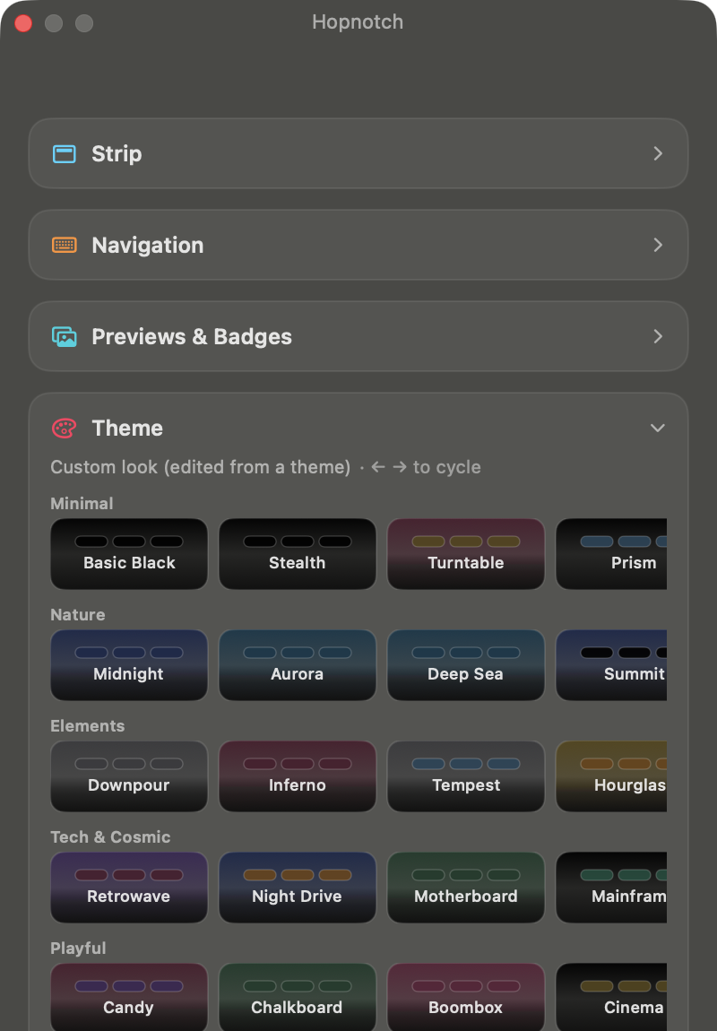 Hopnotch's settings panel, open on the theme gallery: rows of theme cards grouped under Minimal, Nature, Elements, Tech & Cosmic and Playful